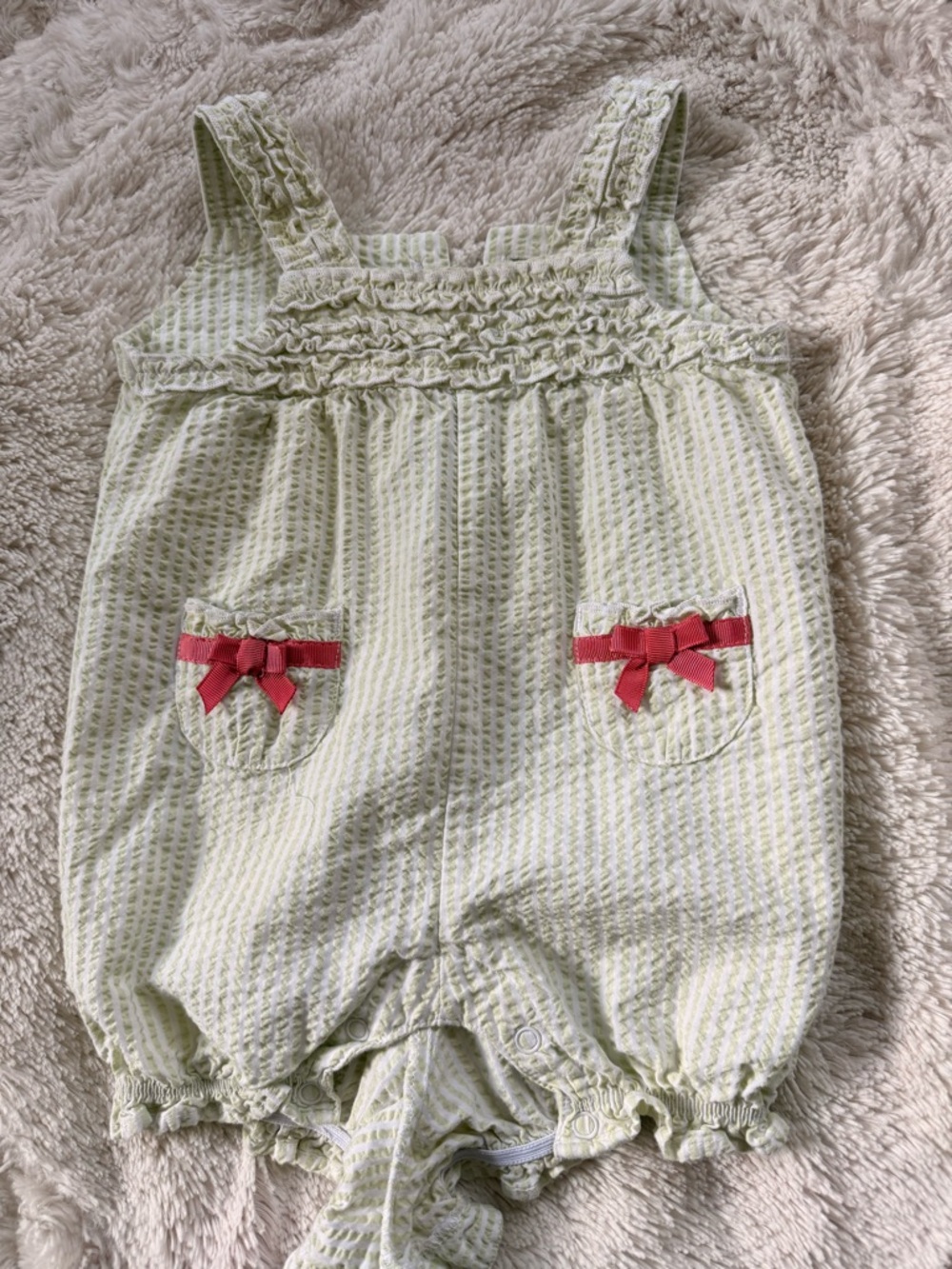 Baby Girls Light Green Striped Romper with Pink Bow Accents